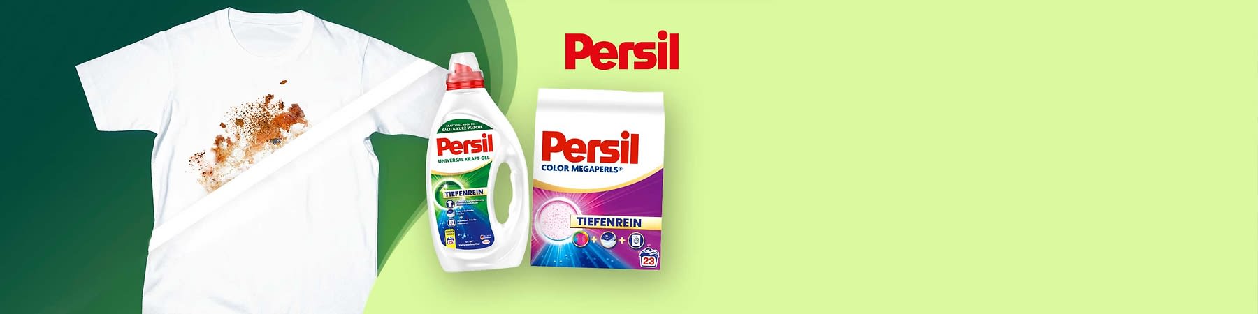 weiße Flaschenverpackung und weiße Kartonpackung des Waschmittels Persil, linke Flasche mit rotem Verschluss und Aufschrift „Persil Universal Kraft-Gel“, blaues Feld mit „TIEFENREIN“ und Zahl 25, rechte Kartonpackung mit Aufschrift „Persil COLOR MEGAPERLS“, violett-blaues Design, „TIEFENREIN“ und Zahl 23