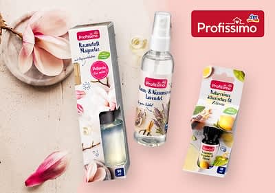 Drei Profissimo Produkte: Raumduft Apfel-Zimt, Ätherisches Öl Kiefernnadel Lavandin, Parfum Öl Zimt