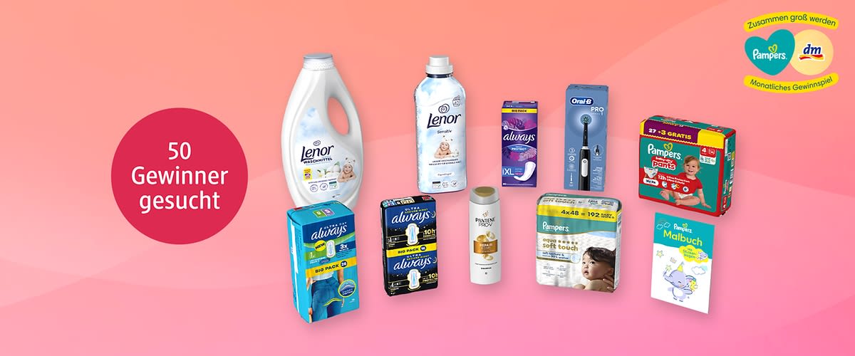 Mehrere Produkte auf rosafarbenem Hintergrund, darunter Lenor Flüssigwaschmittel, Always Slipeinlagen in verschiedenen Packungen, Oral‑B elektrische Zahnbürste, Pampers Baby‑Windeln, Pampers Malbuch, dazu roter Kreis mit weißer Aufschrift „50 Gewinner gesucht“ und oben rechts Logos von Pampers und dm mit Text „Monatliches Gewinnspiel“