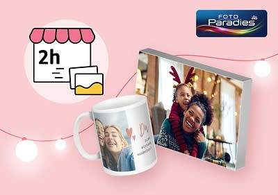 Eine Collage zeigt links oben ein Symbol mit einem Geschäft und der Aufschrift „2h“, darunter ein Ordner, rechts ein Foto auf Leinwand mit einer Person, die ein Rentiergeweih trägt, und links unten eine Tasse mit der Aufschrift „Du bist einfach wundervoll“