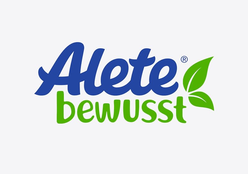 Das Logo von Alete bewusst mit blauem Schriftzug „Alete“ und grünem Schriftzug „bewusst“, daneben zwei grüne Blätter
