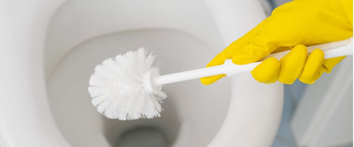 Toilette mit Schwamm und Putzmittel reinigen