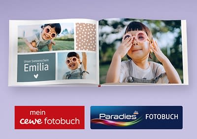 Fotobuch mit Kindercollage und Markenlogos