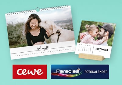 Kalender mit Hund und Kind im Freien