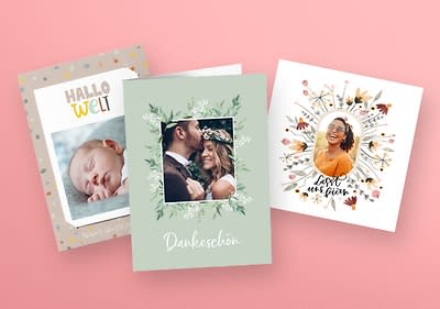 Drei Grußkarten mit Baby, Paar und Frau