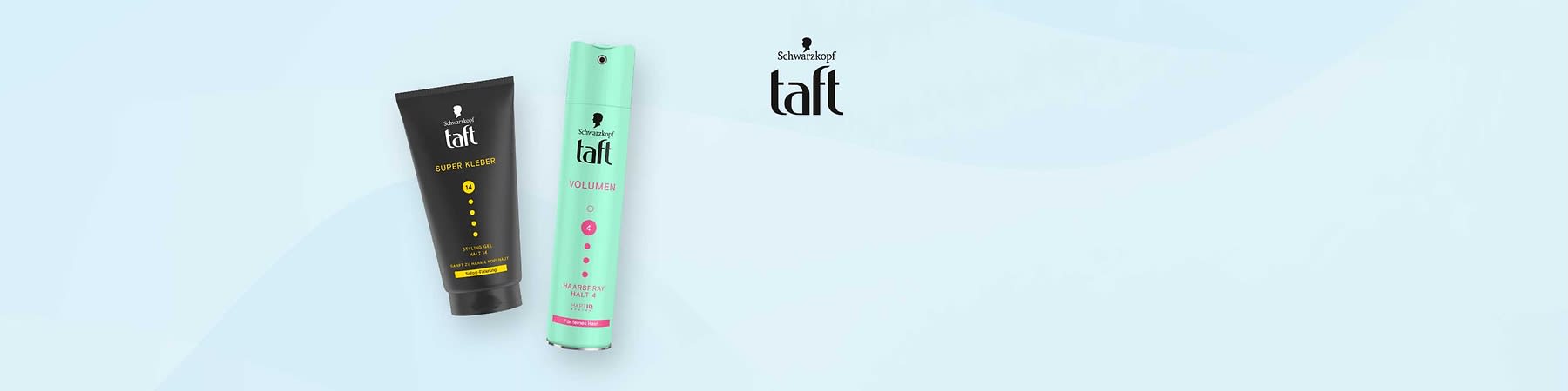 Zwei Taft-Produkte vor hellblauem Hintergrund: links schwarze Tube „taft SUPER KLEBER“ Styling Gel Halt 4, rechts mintgrüne Haarspray-Dose „taft VOLUMEN“ Halt 4, rechts oben Taft-Logo