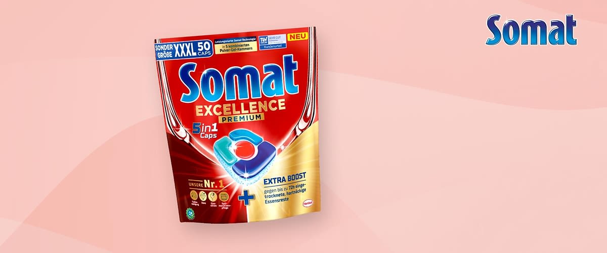 Somat Excellence 4in1 Caps reinigen und pflegen Geschirr wie Spülmaschine.