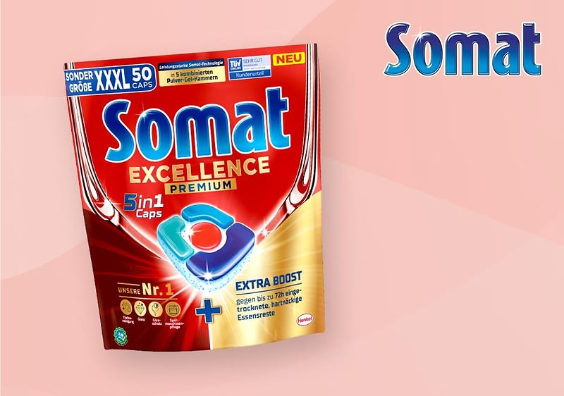 Die Somat Excellence 4in1 Caps reinigen und pflegen Geschirr wie Spülmaschine.