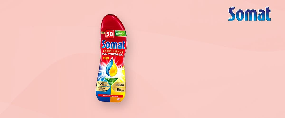 Somat Excellence Duo Power Gel reinigt Dein Geschirr.