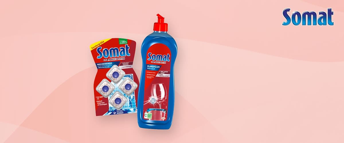 Somat Zusatzprodukte pflegen Geschirr und Spülmaschine.