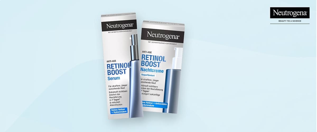 Zwei Produktverpackungen von Neutrogena sind abgebildet, links eine Verpackung für das Anti-Age Retinol Boost Serum, rechts eine Verpackung für die Anti-Age Retinol Boost Nachtcreme, beide Verpackungen sind in Weiß und Blau gehalten, oben rechts das Neutrogena-Logo mit dem Slogan Beauty to a Science
