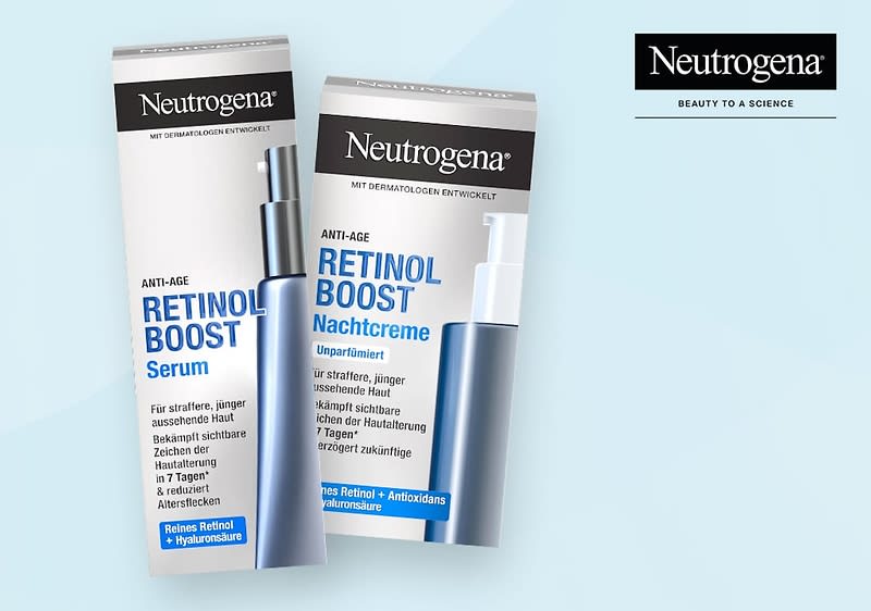 Zwei Produktverpackungen von Neutrogena sind abgebildet, links eine Verpackung für das Anti-Age Retinol Boost Serum, rechts eine Verpackung für die Anti-Age Retinol Boost Nachtcreme, beide Verpackungen sind in Weiß und Blau gehalten, oben rechts das Neutrogena-Logo mit dem Slogan Beauty to a Science