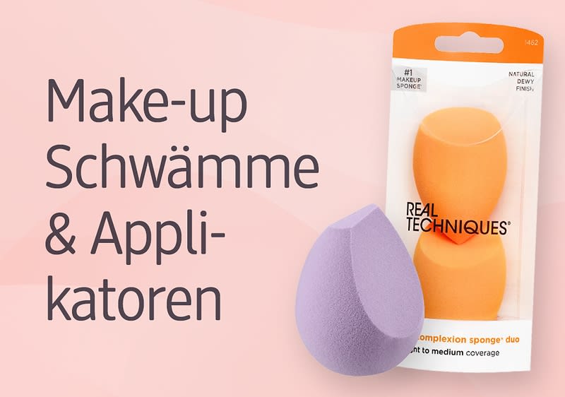 Verpackung von Real Techniques mit zwei Make-up-Schwämmen, einem orangefarbenen und einem lilafarbenen, daneben der Text „Make-up Schwämme & Applikatoren“
