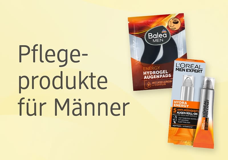 Pflegeprodukte für Männer, links Balea Men Energy Hydrogel Augenpads mit Hyaluron und Koffein, rechts L'Oréal Men Expert Hydra Energy Anti-Müdigkeit Augen-Roll-On mit Vitamin C und Koffein