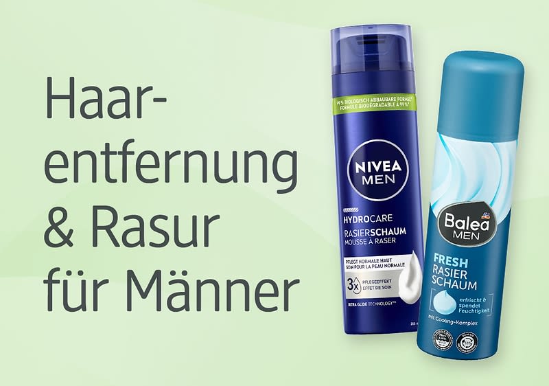 Links steht der Text „Haarentfernung & Rasur für Männer“. Rechts sind zwei Rasierprodukte abgebildet: eine dunkelblaue Nivea Men Hydrocare Rasiercreme und eine hellblaue Balea Men Fresh Rasiercreme.