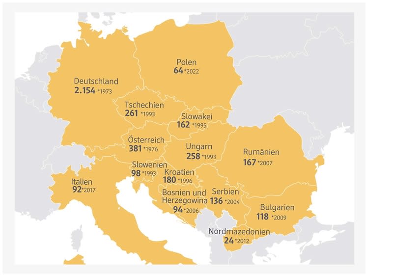Karte mit europäischen Ländern, in denen dm Filialen betreibt