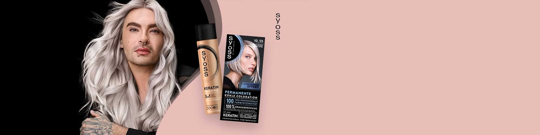 Zwei Syoss Haarpflegeprodukte vor einem rosa Hintergrund, links eine goldene Sprühflasche mit der Aufschrift Syoss Keratin Haarspray , rechts eine schwarze Pumpflasche mit der Aufschrift Syoss Intense Curls Locken Shampoo, beide Produkte sind nebeneinander platziert und der Markenname Syoss steht vertikal am rechten Bildrand.