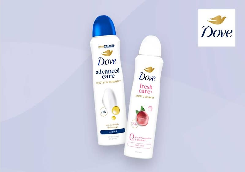 Zwei Dove Deosprays in weißer Sprühflasche nebeneinander, links „Dove advanced care“ mit blauem Deckel und Aufschrift „72h“, rechts „Dove fresh care+“ mit weißem Deckel und Pfirsichabbildung sowie Dove-Logo oben rechts