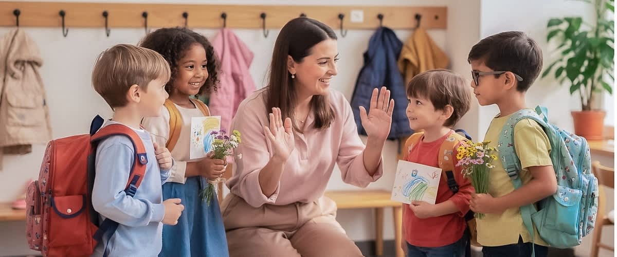 Eine Lehrerin kniet vor vier Vorschulkindern und begrüßt sie mit erhobenen Händen, die Kinder halten kleine Blumensträuße und selbstgemalte Bilder, im Hintergrund Garderobenhaken mit Jacken und Rucksäcken