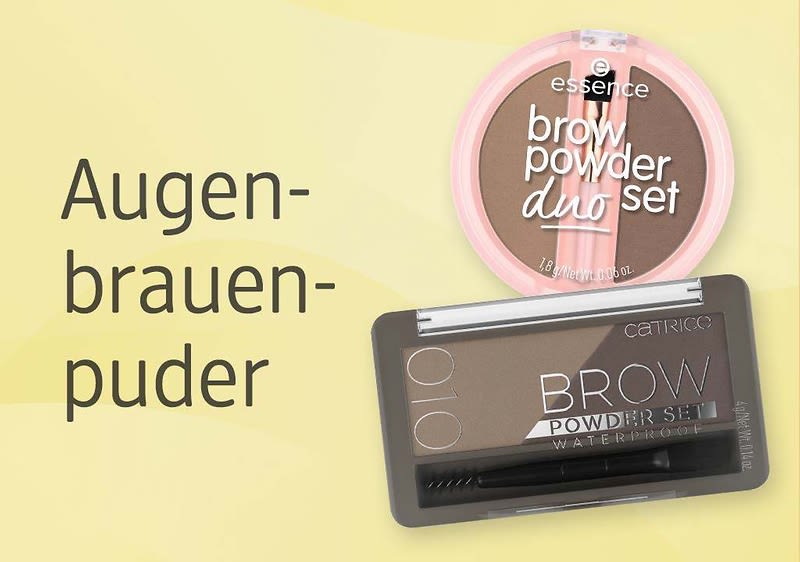 Zwei Brauenpuder-Verpackungen vor hellem Hintergrund, oben rundes rosa Essence „brow powder duo set“, unten rechteckiges Catrice „BROW POWDER SET“ mit Pinsel und Bürste, links schwarzer Text „Augenbrauenpuder“