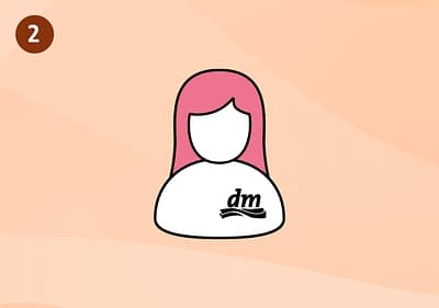 Illustration einer Person mit rosa Haaren und weißem Gesicht, auf dem Oberteil das dm-Logo