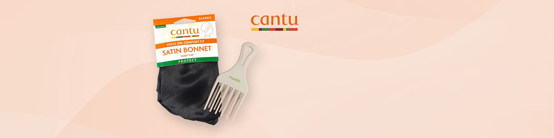 Auf orangefarbenem Untergrund werden Haar-Accessoires von Cantu gezeigt: Lockenkamm, Glide Brush, Haarbürste Edges Baby Hair