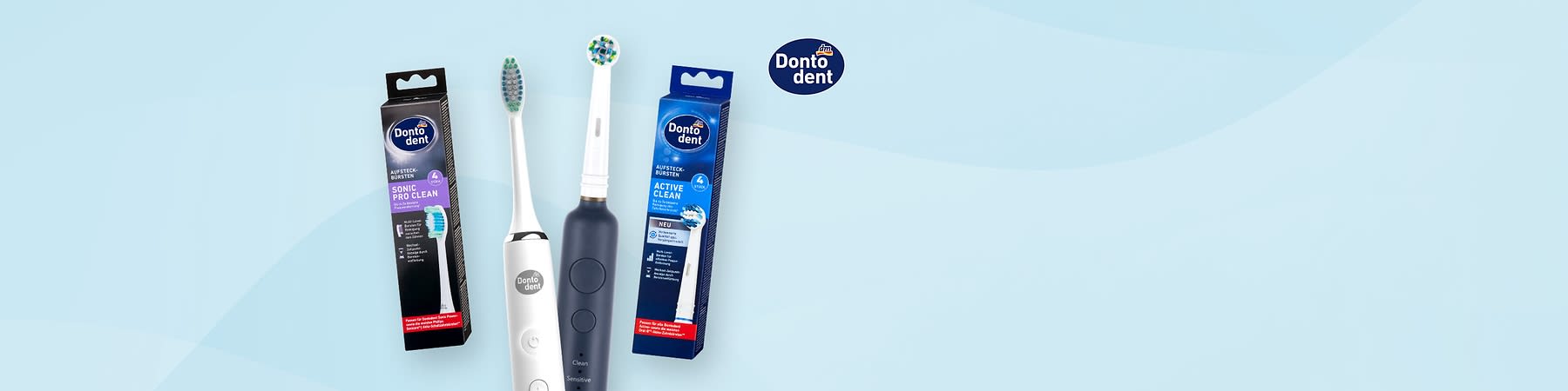 Zwei elektrische Zahnbürsten und ihre Verpackungen von Dontodent, links eine weiße Zahnbürste mit schwarzer Verpackung und der Aufschrift „Sonic Pro Clean“, rechts eine dunkelblaue Zahnbürste mit blauer Verpackung und der Aufschrift „Active Clean“, oben rechts das Logo von Dontodent