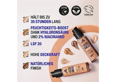 Vorteile der Foundation: hält bis zu 35 stunden, Feuchtigskeit-Boost dank Hyaluronsäure, LSF20, hohe Deckkraft