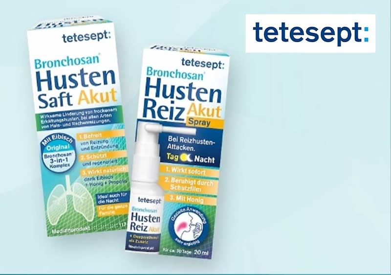 Zwei Produktverpackungen der Marke tetesept, links eine grüne Verpackung mit der Aufschrift „Bronchosan Husten Saft Akut“ und rechts eine blaue Verpackung mit der Aufschrift „Bronchosan Husten Reiz Akut Spray“