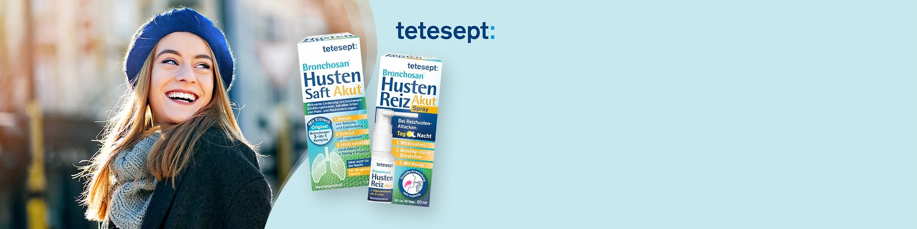 Zwei Produktverpackungen der Marke tetesept, links eine grüne Verpackung mit der Aufschrift „Bronchosan Husten Saft Akut“ und rechts eine blaue Verpackung mit der Aufschrift „Bronchosan Husten Reiz Akut Spray“