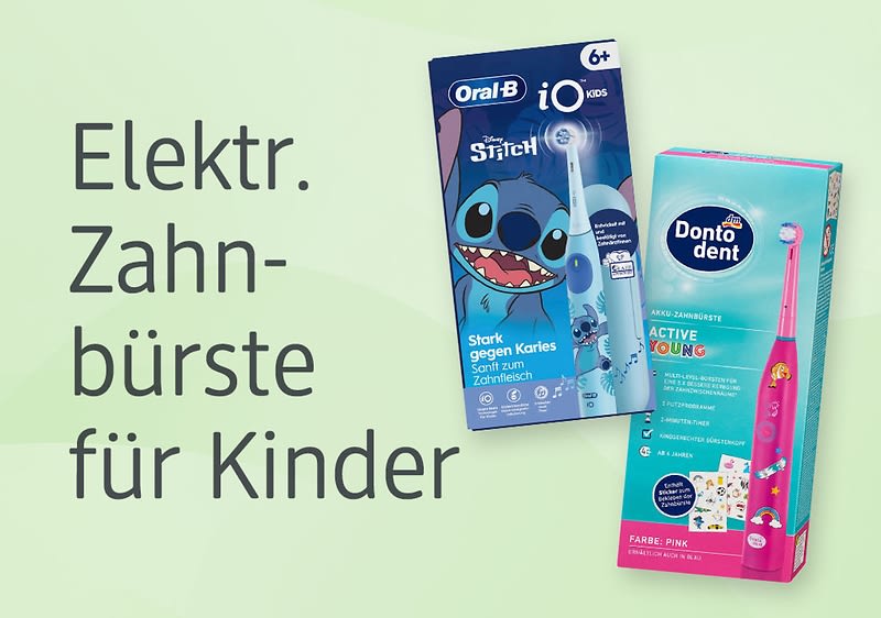 Zwei elektrische Zahnbürsten für Kinder. Links eine Oral-B Zahnbürste mit einem blauen Design und Stitch-Motiv, rechts eine Dontodent Zahnbürste in Pink mit der Aufschrift „Active Young“. Links daneben der Schriftzug Elektrische Zahnbürsten für Kinder.