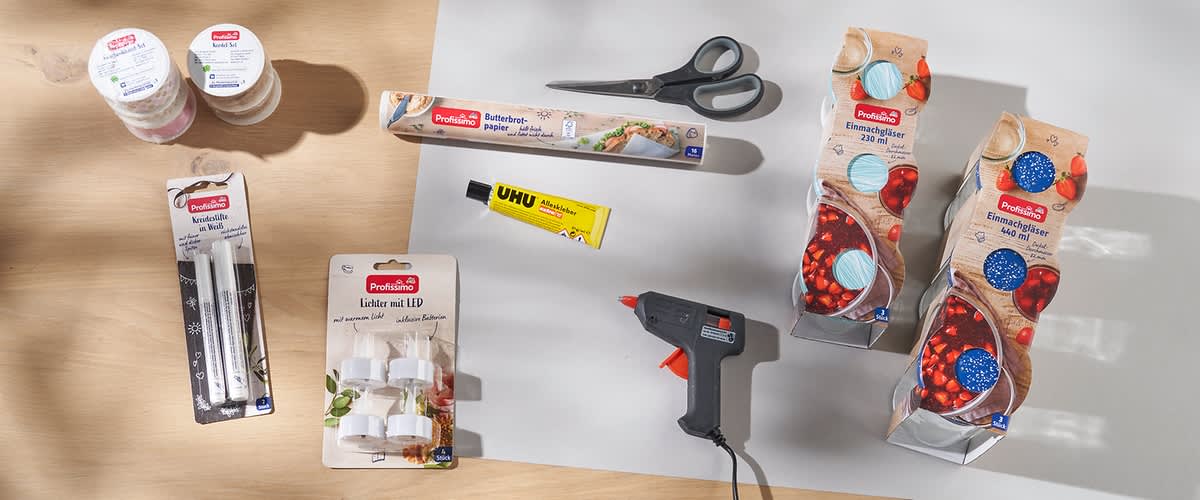 Material Windlichter verzieren mit Kordel und Backpapier