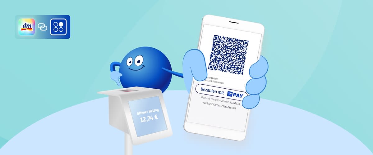 Pointee zeigt auf Scanner der Kasse und hält das Smartphone Display mit PAYBACK PAY daneben