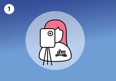 Eine Illustration zeigt eine Person mit rosa Haaren, die hinter einer Kamera steht, auf ihrem Hemd ist das dm-Logo zu sehen
