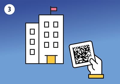 Illustration eines weißen Gebäudes mit fünf Fenstern und einer roten Flagge, daneben eine Hand, die einen QR-Code hält