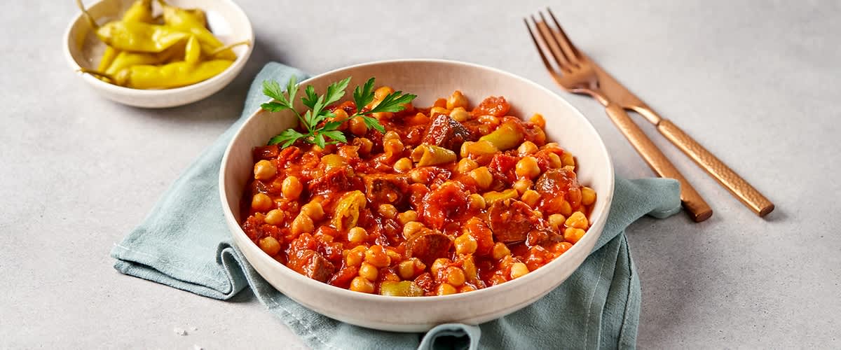 Kichererbsen-Ragout mit veganer Wurst nach Chorizo-Art Rezept