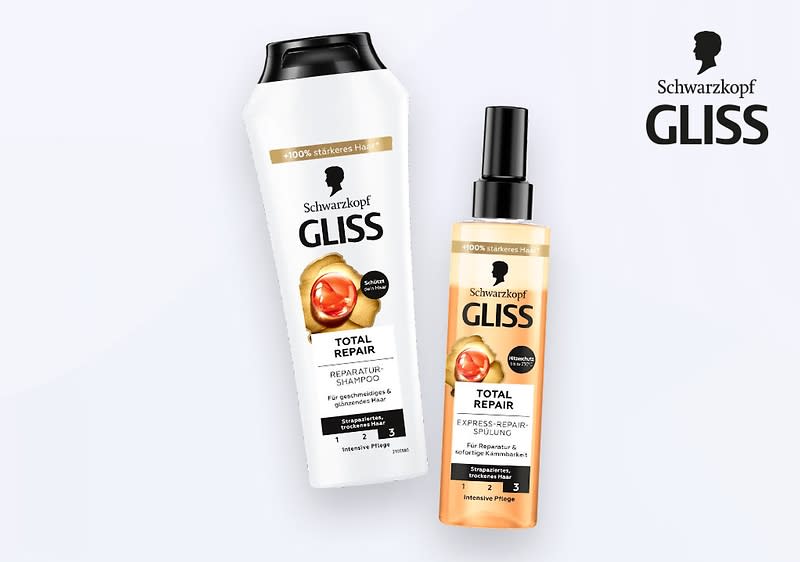 Zwei Produktverpackungen der Marke Schwarzkopf Gliss sind abgebildet, links eine weiße Shampooflasche mit schwarzem Deckel und der Aufschrift Schwarzkopf Gliss Total Repair Reparatur-Shampoo für geschädigtes Haar, rechts eine transparente Sprühflasche mit schwarzem Sprühkopf und der Aufschrift Schwarzkopf Gliss Total Repair Express-Repair-Spülung für geschädigtes Haar Intensive Pflege, oben rechts das Logo von Schwarzkopf mit einem schwarzen Kopfprofil und dem Schriftzug Schwarzkopf Gliss