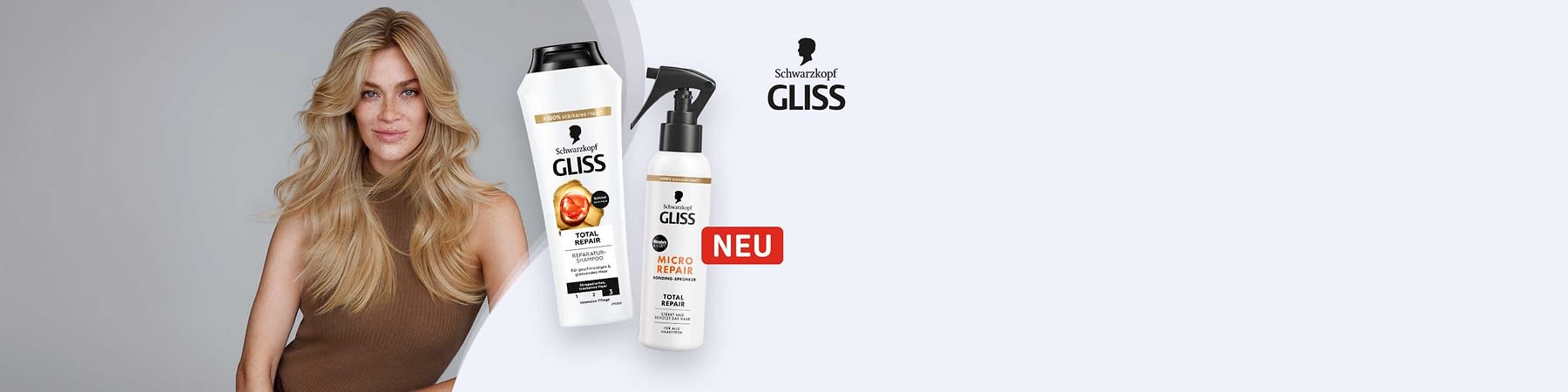 Zwei Gliss Haarpflegeprodukte von Schwarzkopf: links eine weiße Shampoo-Flasche mit Aufschrift „Total Repair“ und rechts ein weißes Spray mit Aufschrift „Micro Repair“ sowie ein rotes Schild mit „NEU“