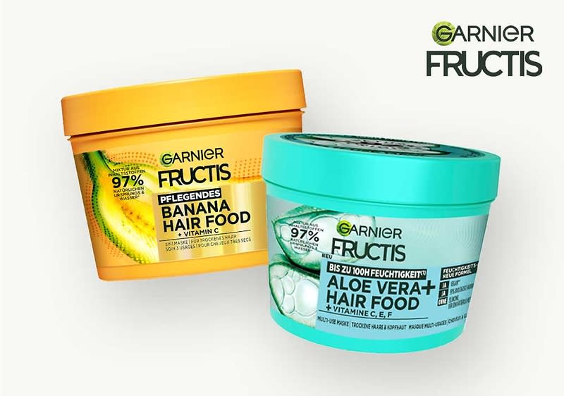 Fructis Hair Food Shampoos, Spülungen und Masken kräftigen dein Haar mit Fruchtwirkstoffen aus Banane, Papaya und Aloe Vera.