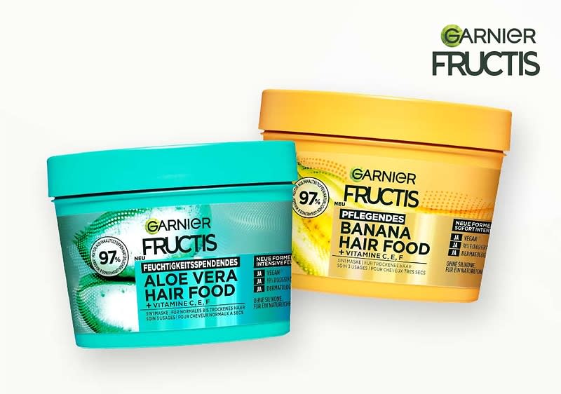 Fructis Hair Food Shampoos, Spülungen und Masken kräftigen dein Haar mit Fruchtwirkstoffen aus Banane, Papaya und Aloe Vera.