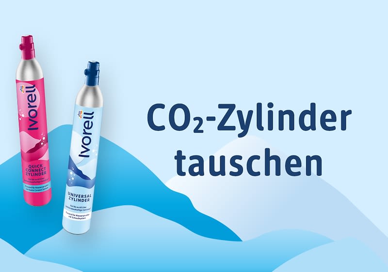 Zwei CO2-Zylinder in Metallflaschen mit Markenaufdruck „Ivorell“ links rosa, rechts blau, daneben großer Text „CO2-Zylinder tauschen“