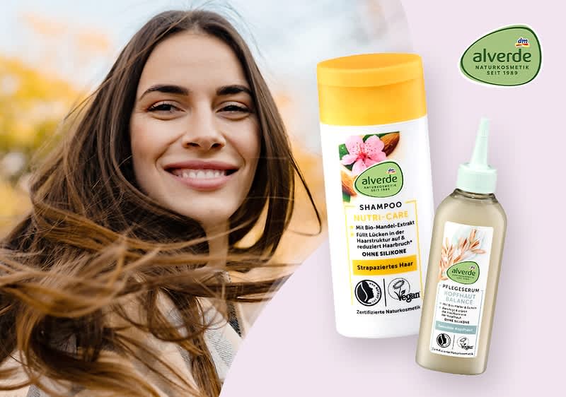 alverde Shampoo und Pflegespray, Frau mit schönen braunen langen Haaren