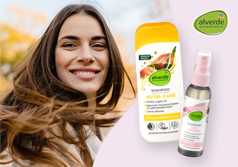 alverde Shampoo und Pflegespray, Frau mit schönen braunen langen Haaren