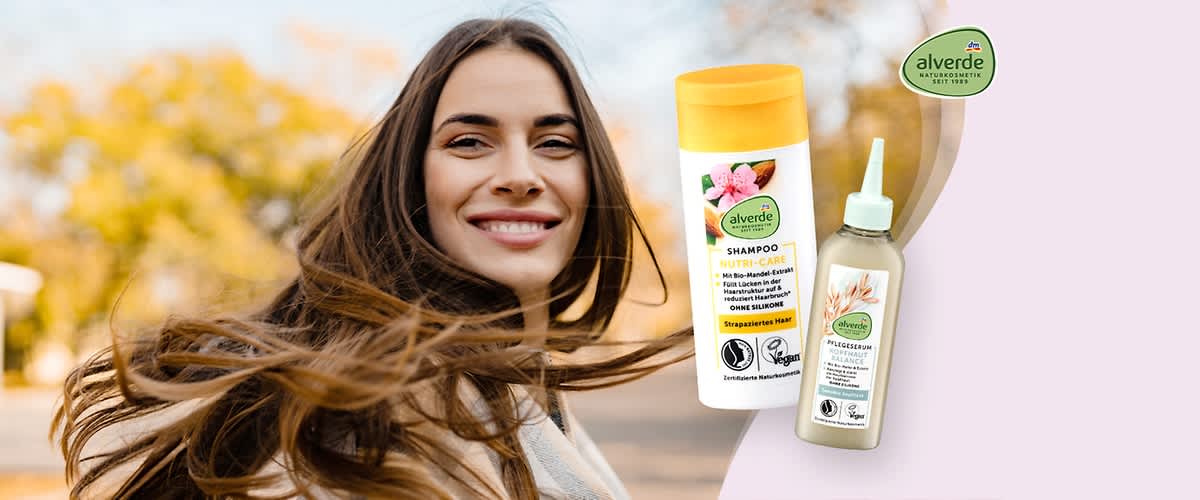 alverde Shampoo und Pflegespray, Frau mit schönen braunen langen Haaren