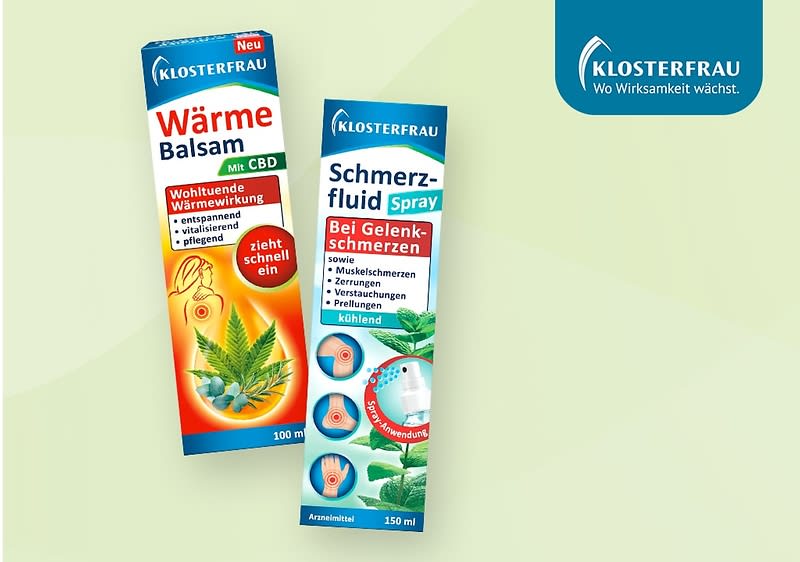 Zwei Produktverpackungen von Klosterfrau. Links eine rote Verpackung mit der Aufschrift „Wärme Balsam mit CBD“ und einem Bild von Hanfblättern, rechts eine blaue Verpackung mit der Aufschrift „Schmerzfluid Spray“ und einem Bild von Pfefferminzblättern. Oben rechts das Logo von Klosterfrau mit dem Slogan „Wo Wirksamkeit wächst“