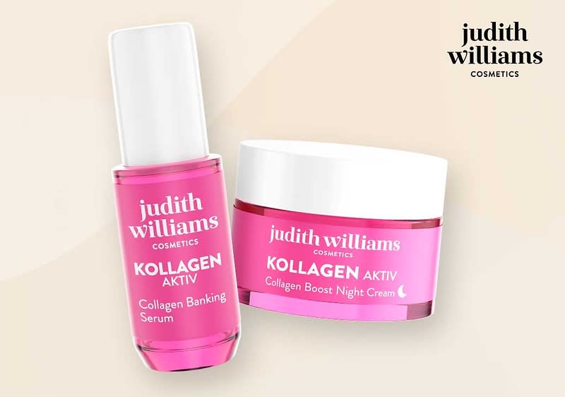 zwei rosafarbene Kosmetikverpackungen der Marke „judith williams cosmetics“: links ein hoher Flakon mit weißem Verschluss und der Aufschrift „KOLLAGEN AKTIV Collagen Banking Serum“, rechts ein runder Tiegel mit weißem Deckel und der Aufschrift „KOLLAGEN AKTIV Collagen Boost Night Cream“