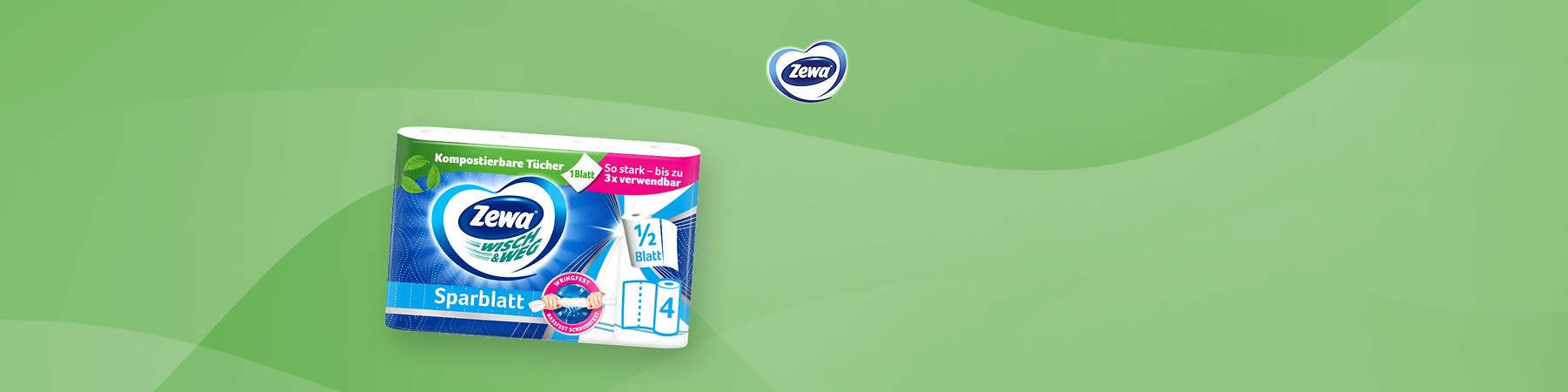 Verpackung einer Zewa Wisch & Weg Küchenrolle mit der Aufschrift „Kompostierbare Tücher“, „18 Blatt“, „So stark – bis zu 3x verwendbar“, „½ Blatt“, „Sparblatt“, „4“ und einem blauen Herz-Logo von Zewa