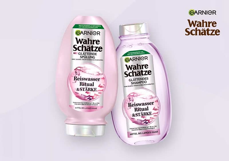 Die Garnier Wahre Schätze Reiswasser Produkte sorgen für geschmeidiges und glänzendes Haar.