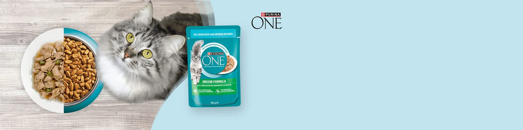 Purina ONE Katzenfutterbeutel „Indoor Formula“ mit Thunfisch und grünen Bohnen, daneben eine graue Katze mit gelben Augen und eine Schale Kroketten auf hellem Untergrund