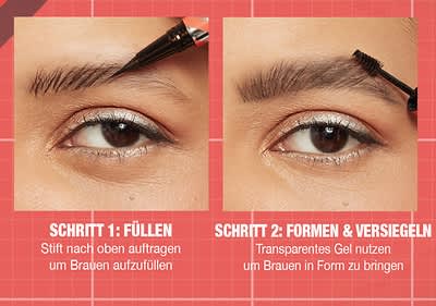 Zwei Bilder nebeneinander zeigen Nahaufnahmen von Augen und Augenbrauen einer Person mit heller Haut, auf dem linken Bild wird ein Augenbrauenstift verwendet, um die Brauen nach oben hin aufzufüllen, auf dem rechten Bild wird ein transparentes Gel aufgetragen, um die Brauen in Form zu bringen.